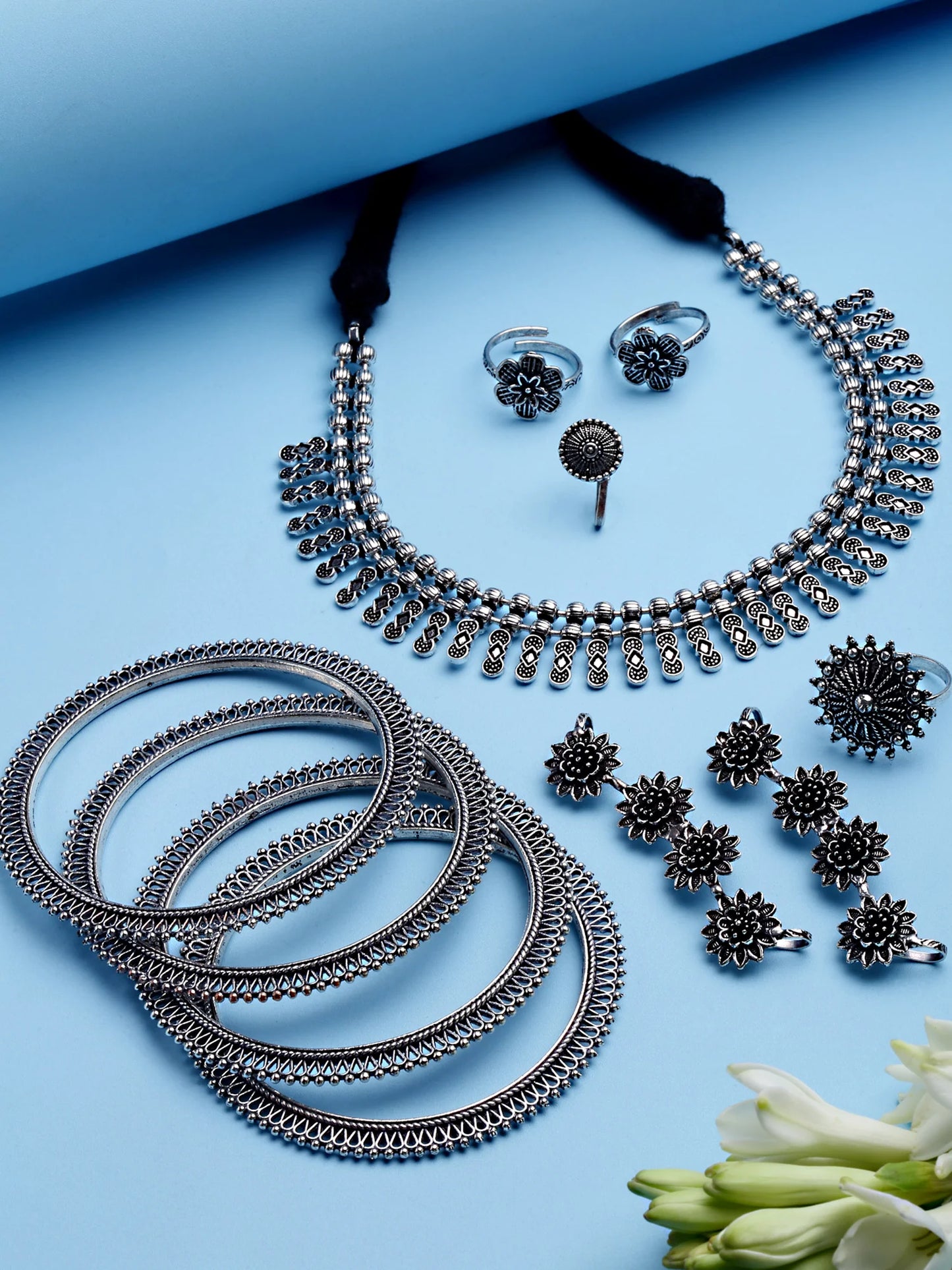 Tribal Elegance: Oxidised Silver Combo Jewellery Set for Women